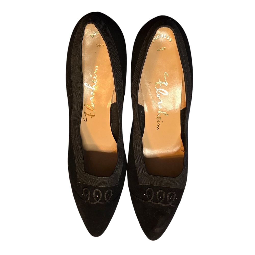 Vintage Florsheim Womens Black Suede Fabric Trim Heels Size 9